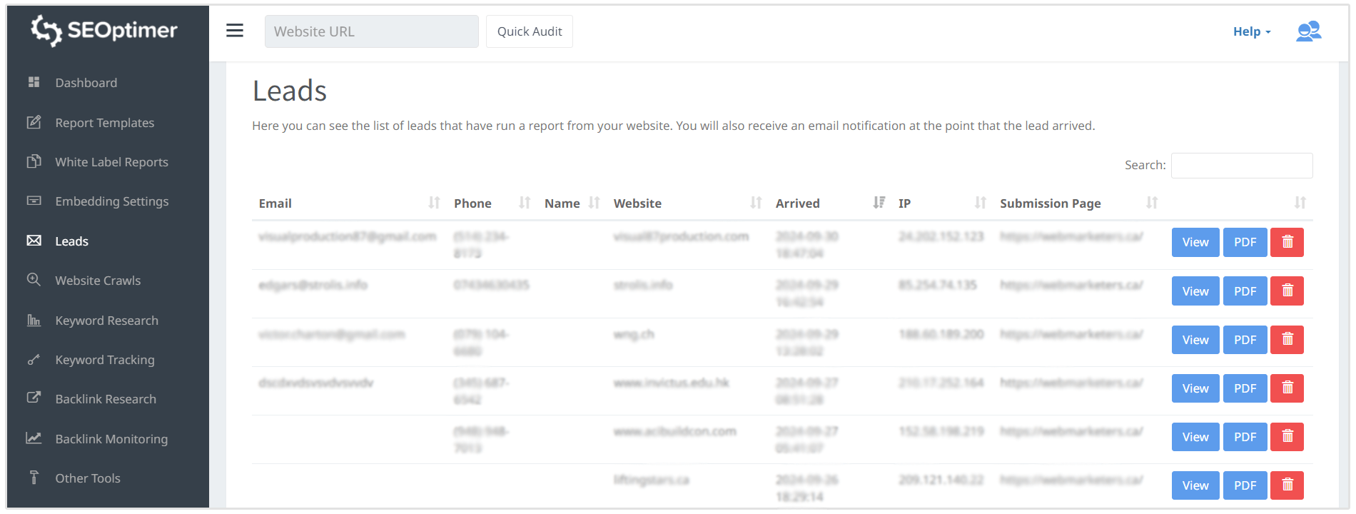 Leads im SEOptimer-Dashboard